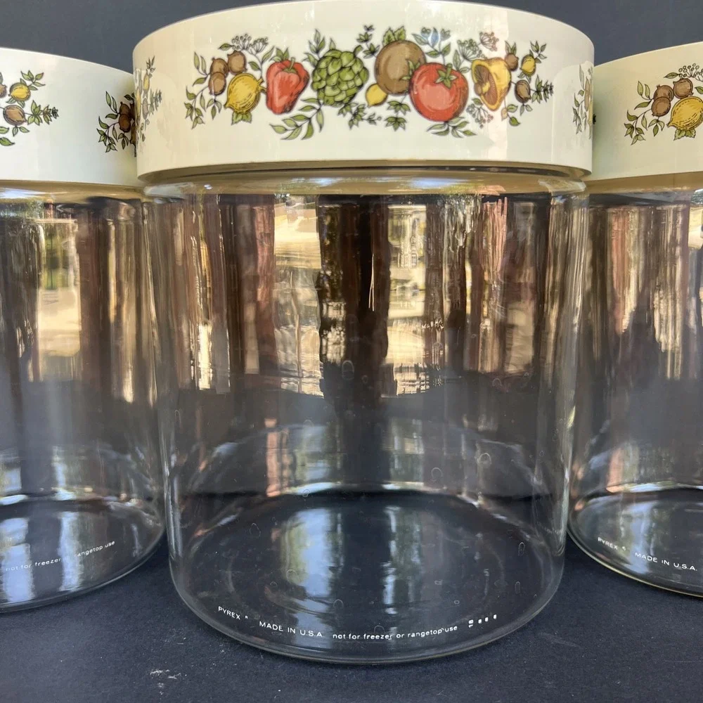 VTG Pyrex Spice O Life Store N See Canister Set of 3 Glass 1970s W/ Seals USA